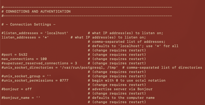 Image of the postgreSQL database connections and authentication settings